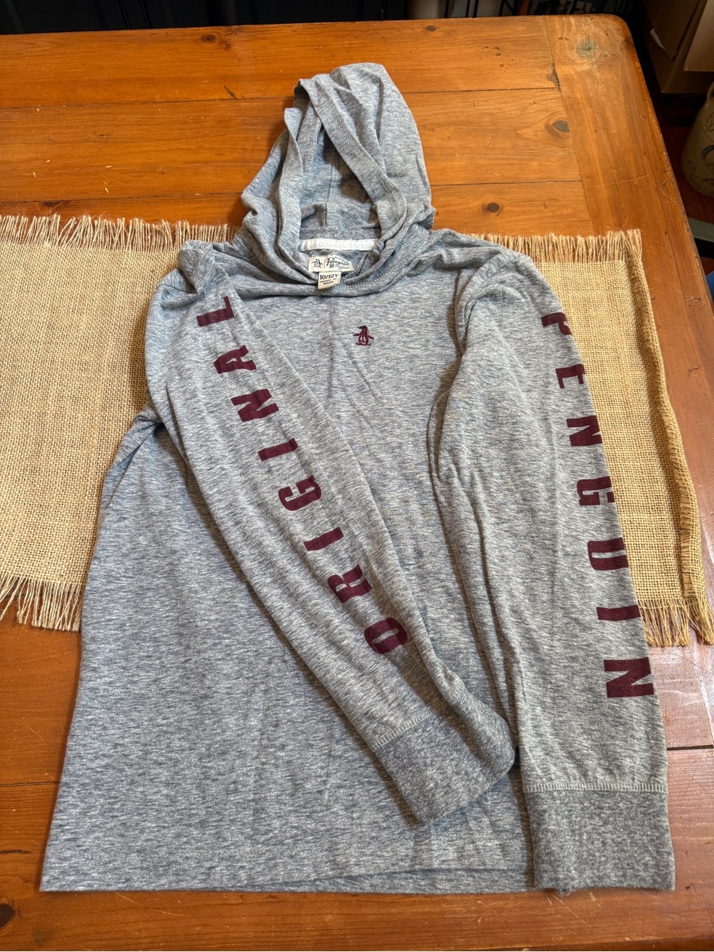 Original Penguin Men's Gray Hoodie Sweatshirt with Burgundy Sleeve Text